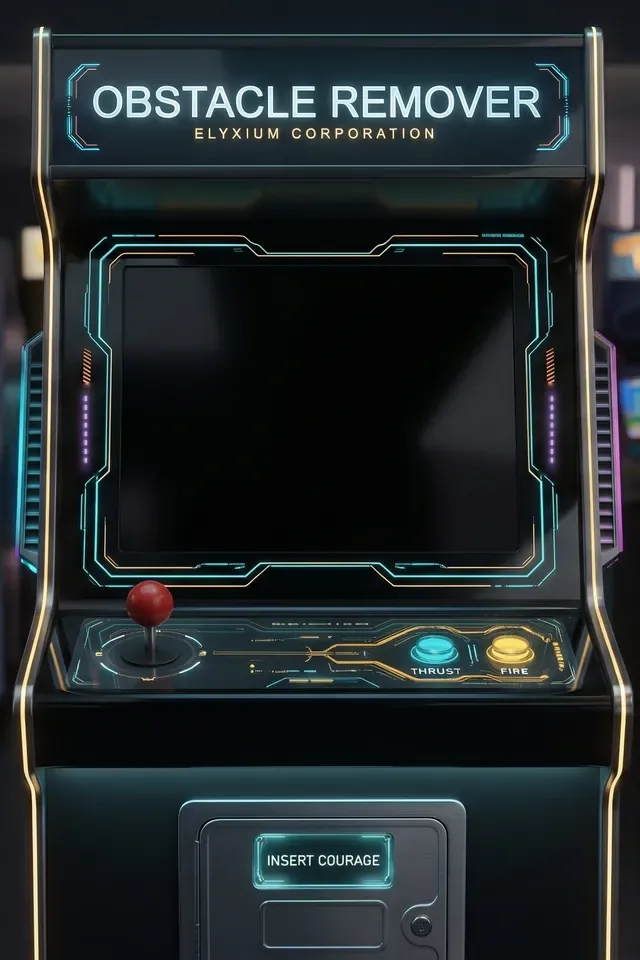 The modern Obstacle Remover arcade cabinet, black glass with glowing edges, in front of older arcade machines